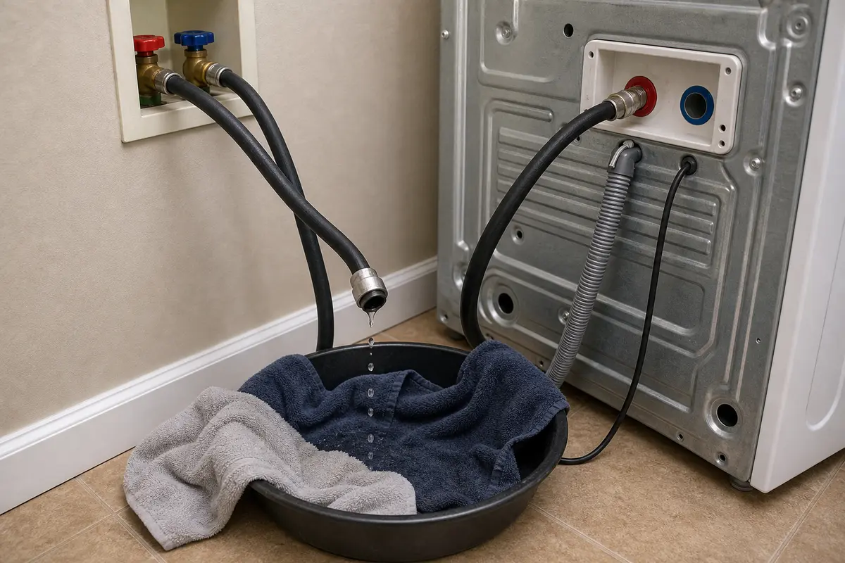 Shallow pan and towels for catching washer fill hose water