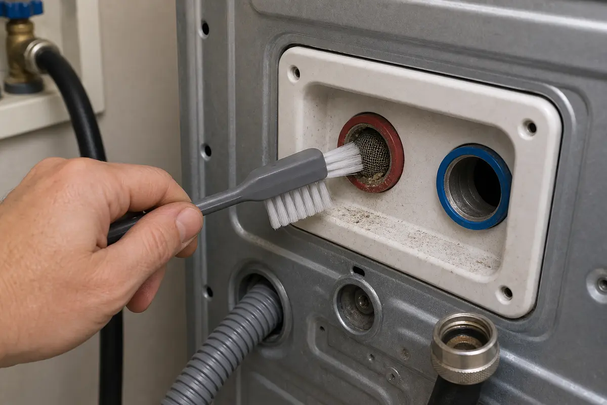 Soft nylon brush for gently cleaning washer inlet screen grit