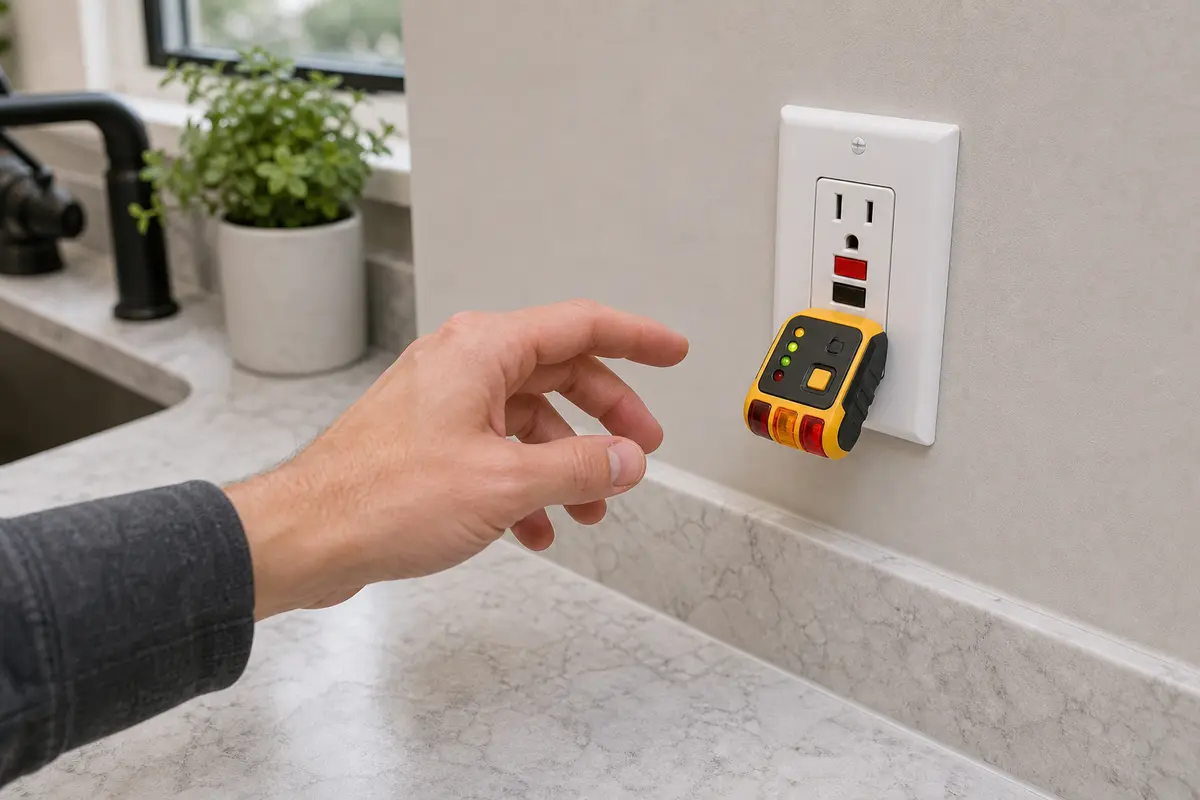 Plug-in GFCI outlet tester with test buttons for non-invasive reset checks