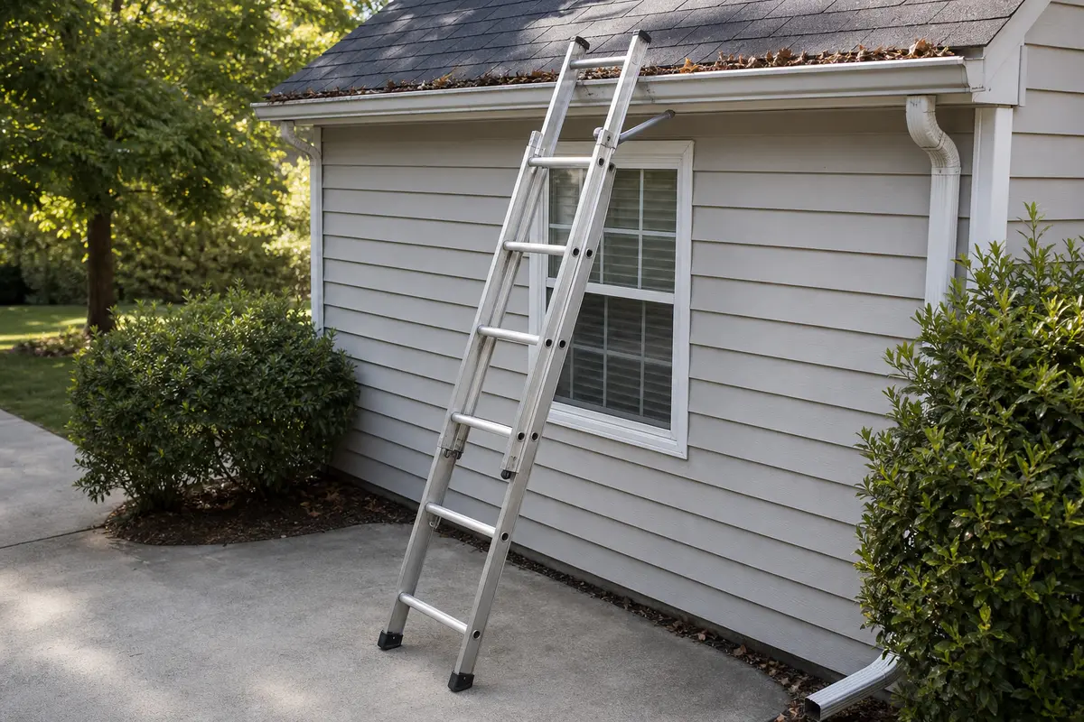 Extension ladder for clogged gutter inspection