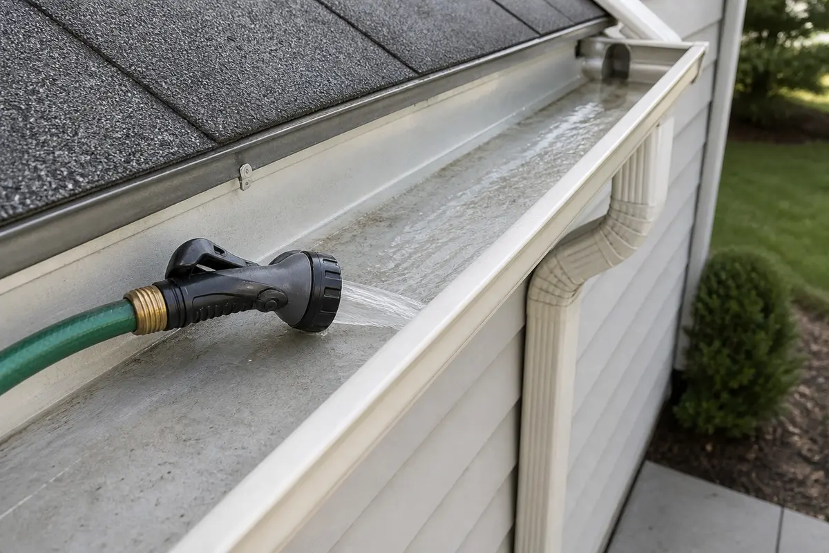 Garden hose with shutoff nozzle for testing gutter and downspout flow