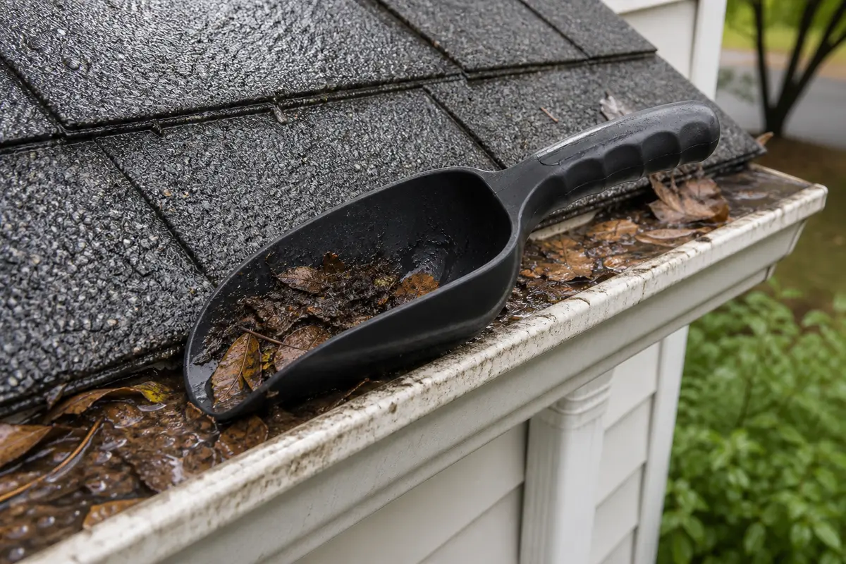 Gutter scoop for removing leaves and roof grit