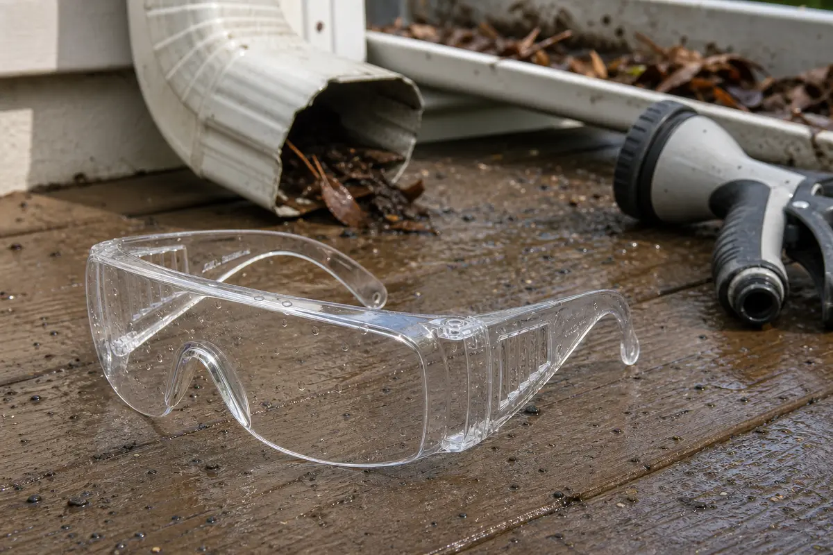 Safety glasses for gutter cleaning and flushing