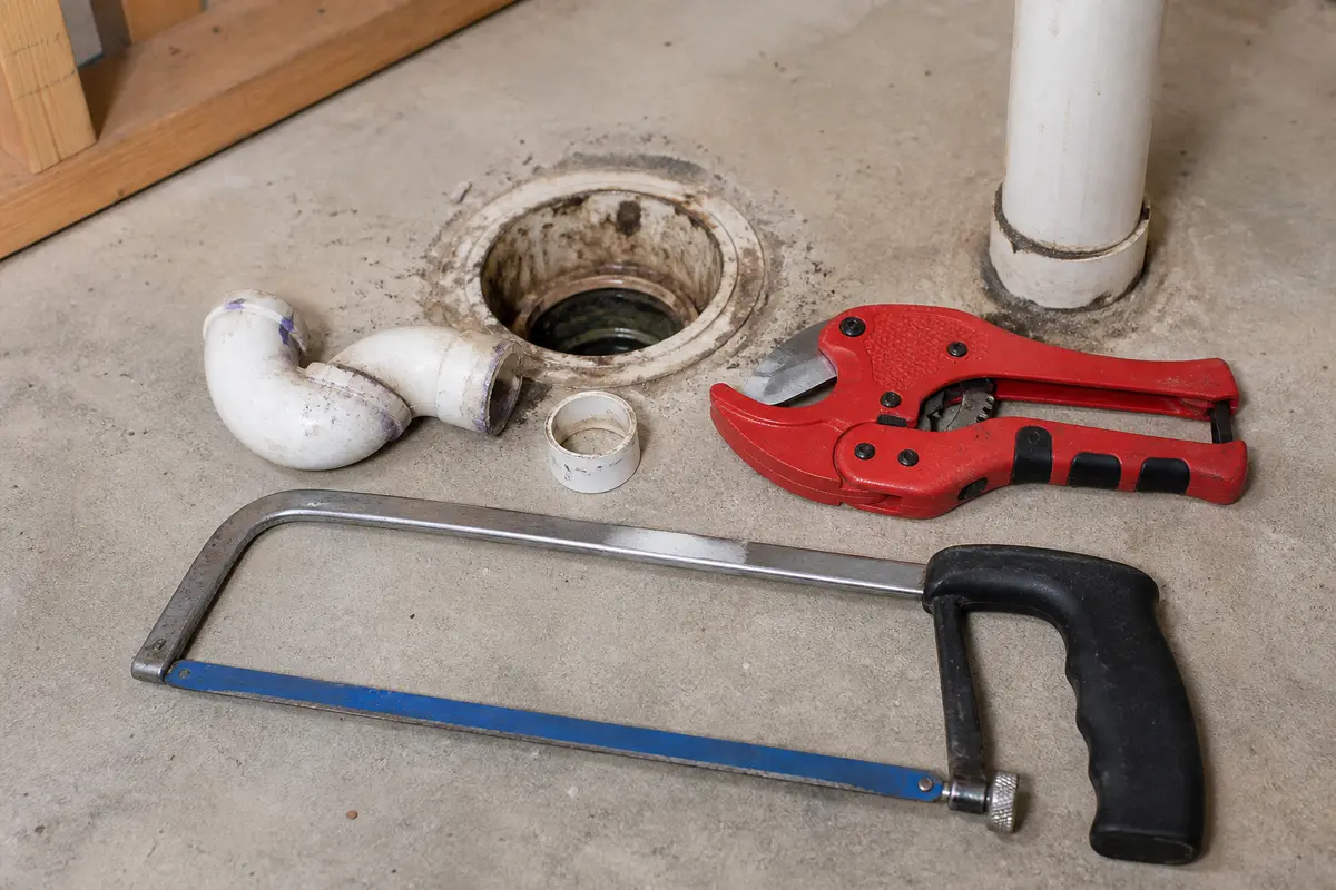 PVC pipe cutter or hacksaw for making square cuts on plastic drain pipe