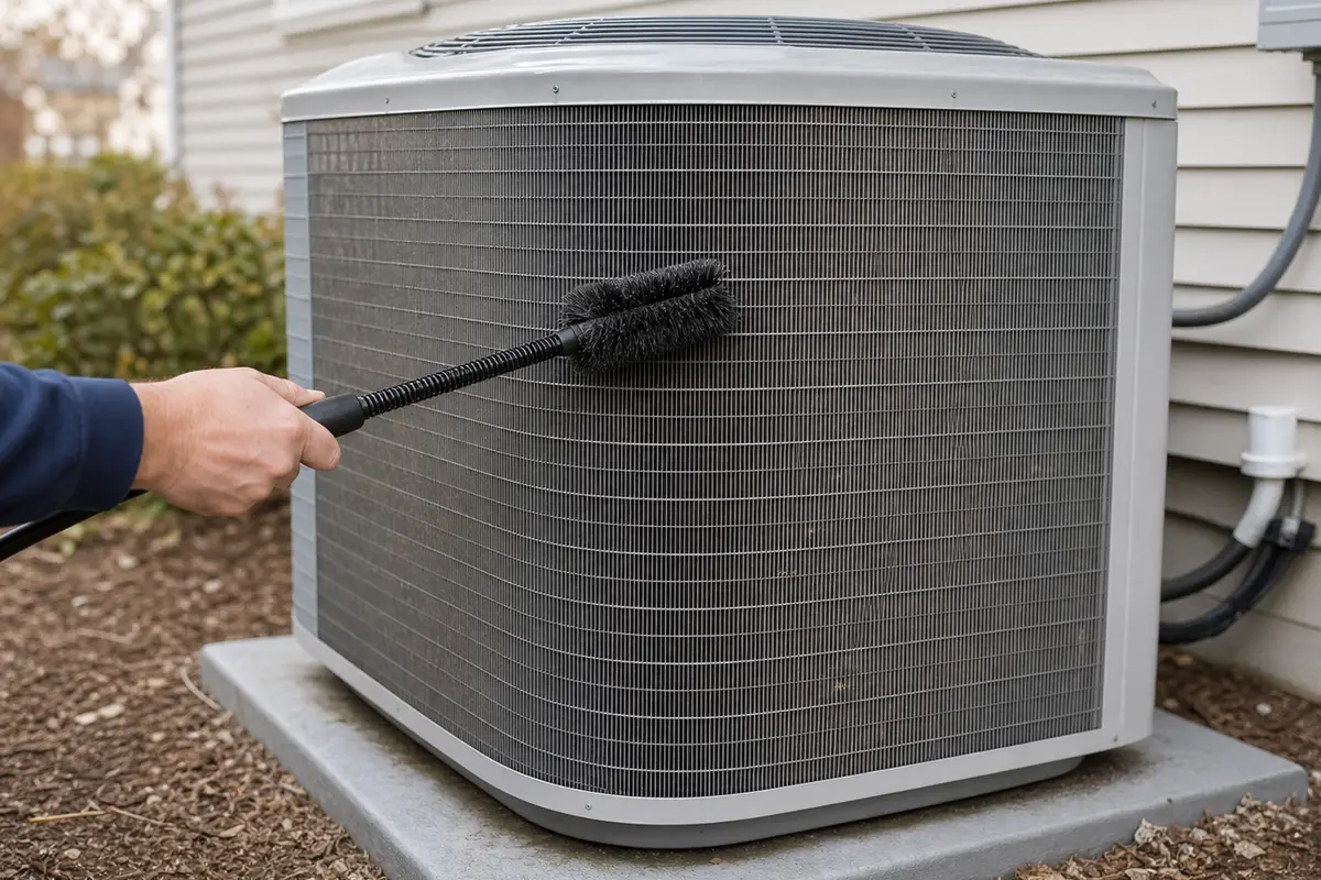 Soft coil brush for light surface cleaning on a thawed heat pump coil