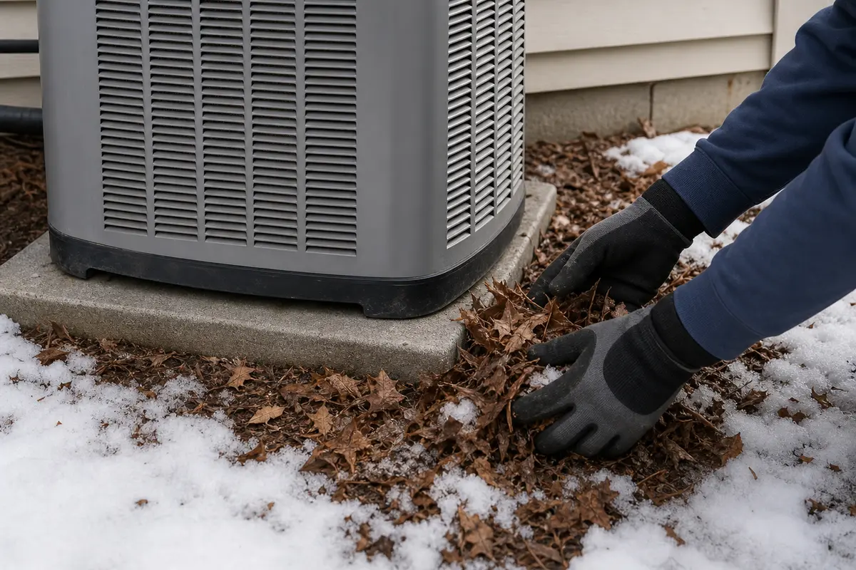 Work gloves for clearing loose debris around an outdoor heat pump cabinet