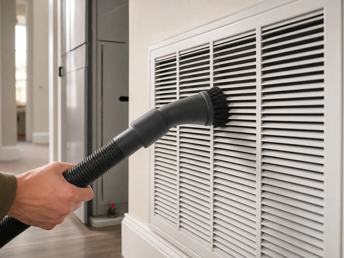 Soft brush vacuum attachment for return grille dust during heat pump airflow checks