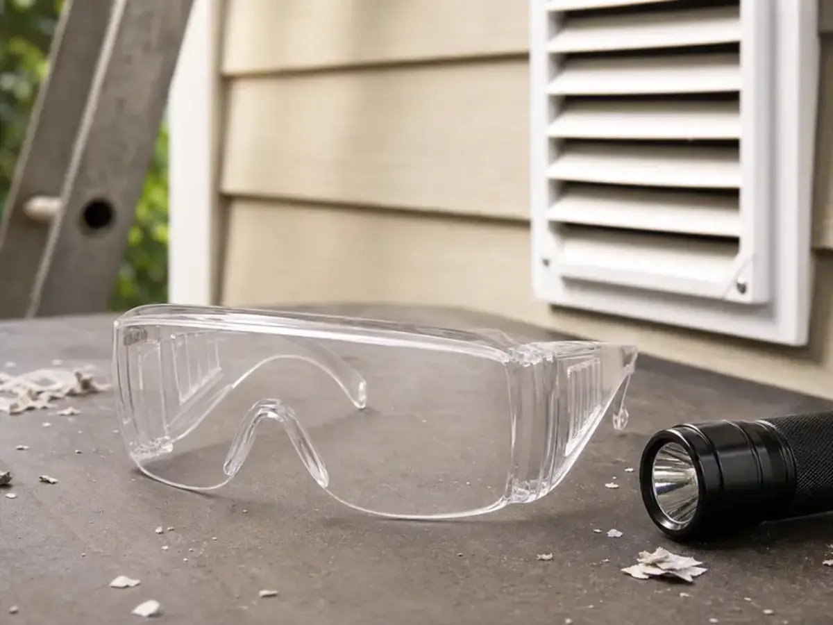 Safety glasses for protecting eyes from loose debris during bathroom vent repair