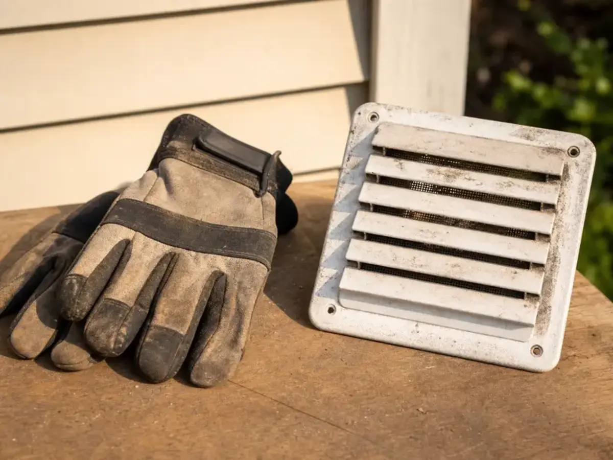 Work gloves for handling inactive nest material and sharp bathroom vent edges