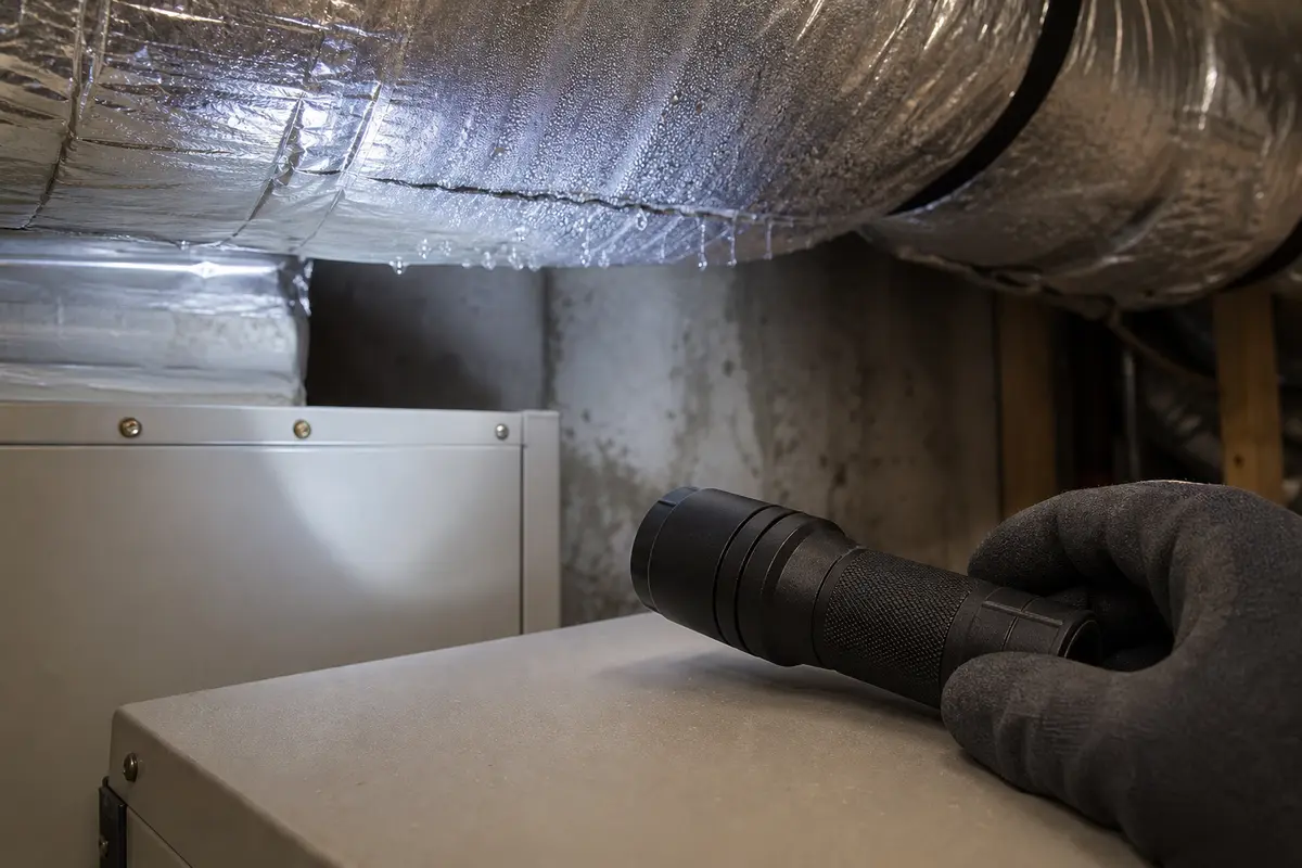 Inspection flashlight used to trace HRV duct sweating and water beads