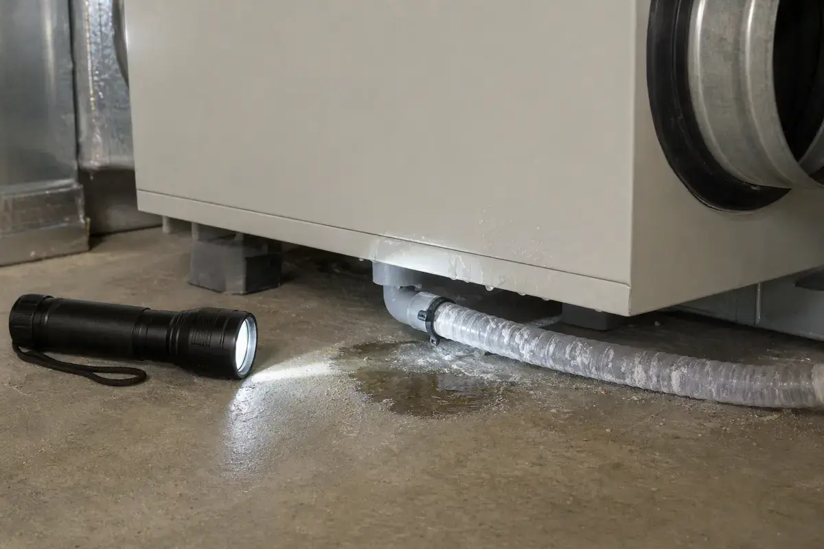 Inspection flashlight checking the lower HRV or ERV cabinet and drain area