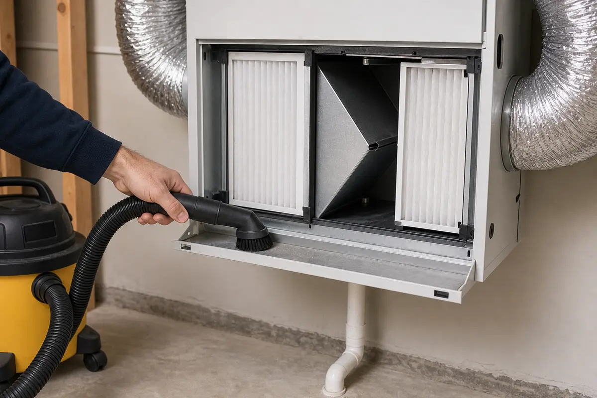 Soft brush vacuum attachment for cleaning loose dust from HRV or ERV filters