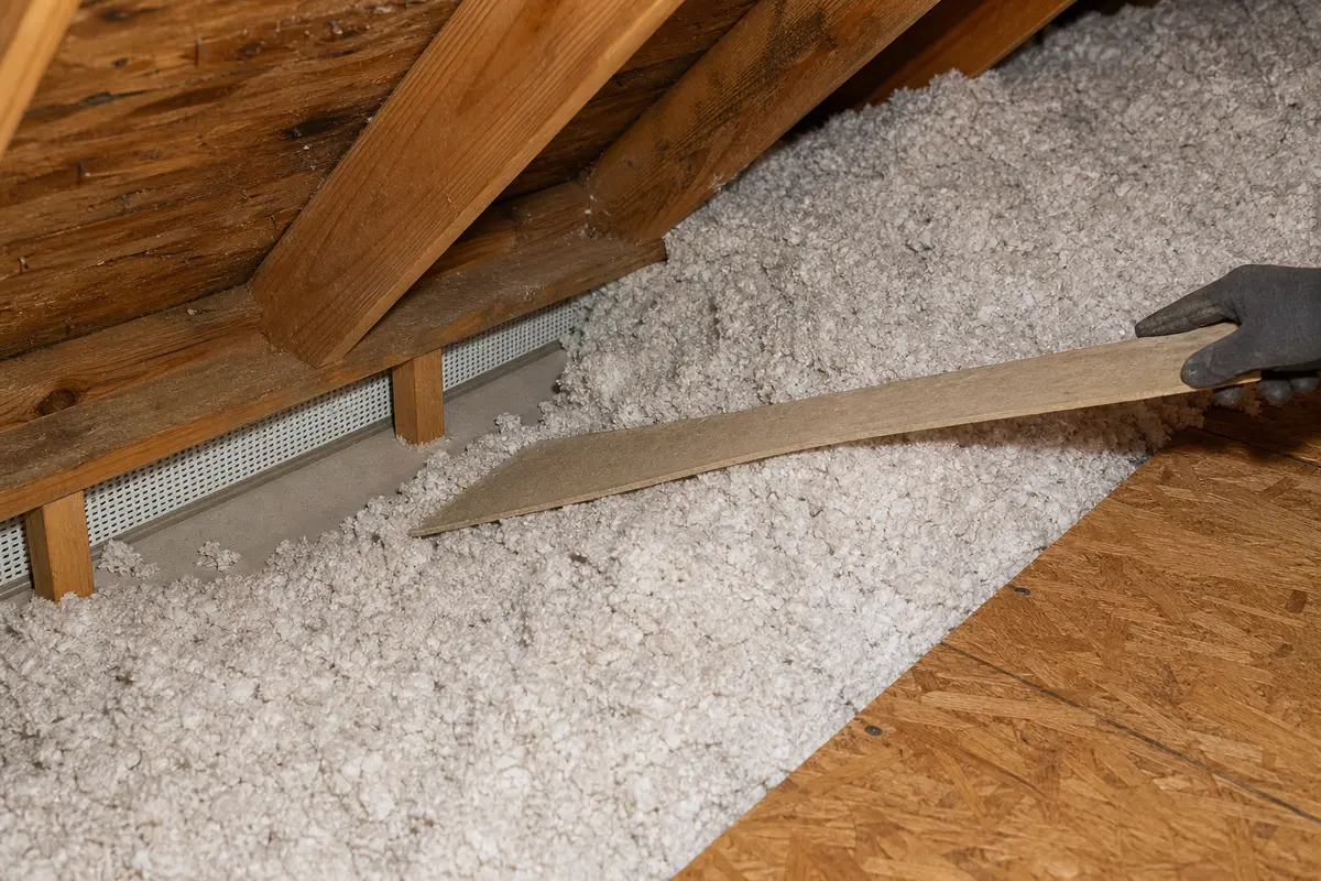 Small board or insulation rake for moving attic insulation