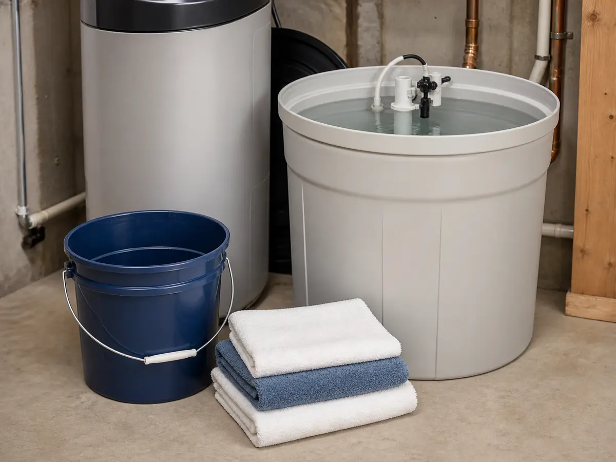 Bucket and folded towels staged by a water softener brine tank for small brine spills