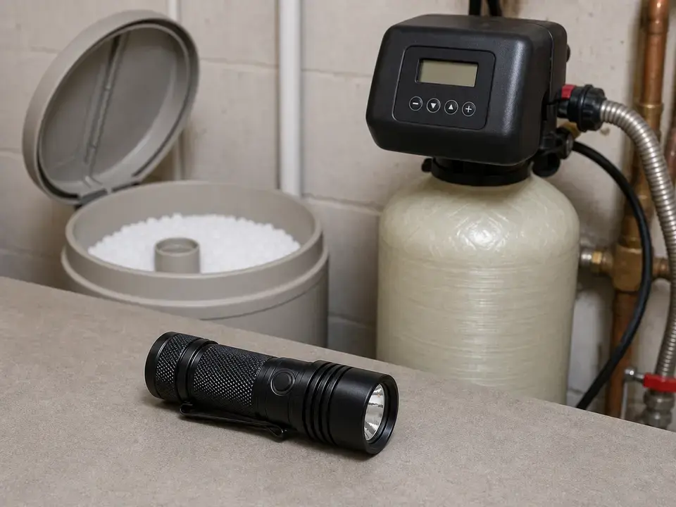 Inspection flashlight in front of a water softener and open brine tank