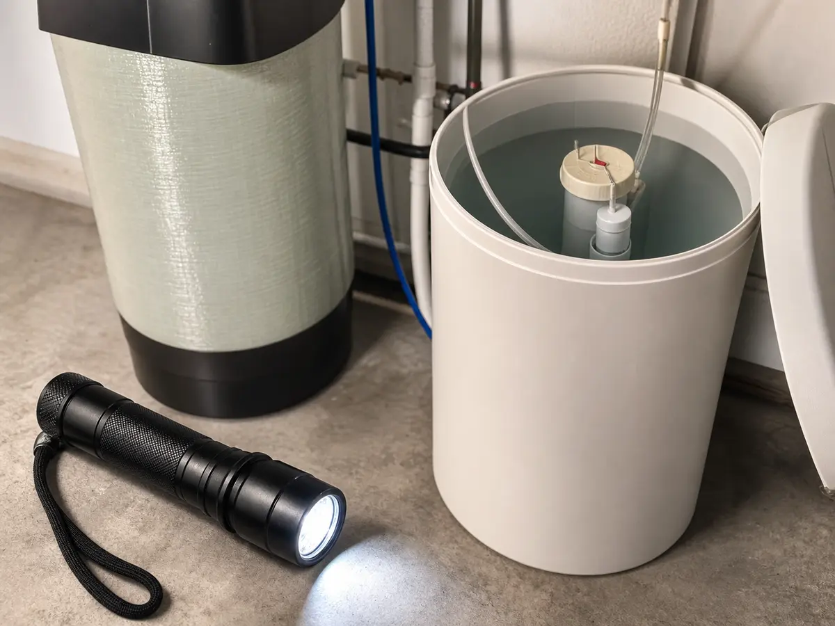Inspection flashlight beside a water softener brine tank for float and drain-route checks