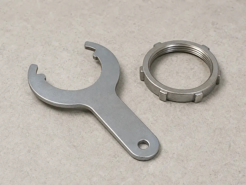 Flat metal basket-strainer locknut wrench beside a matching lugged locknut