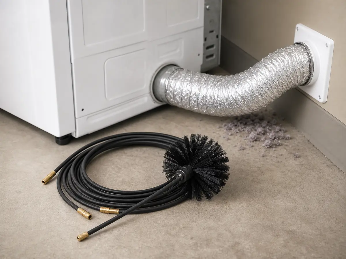 Dryer vent cleaning brush kit for accessible lint buildup causing long dry times