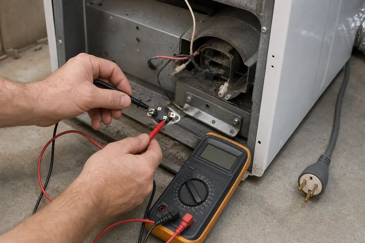 Digital multimeter set up for unplugged dryer heat continuity checks after airflow passes
