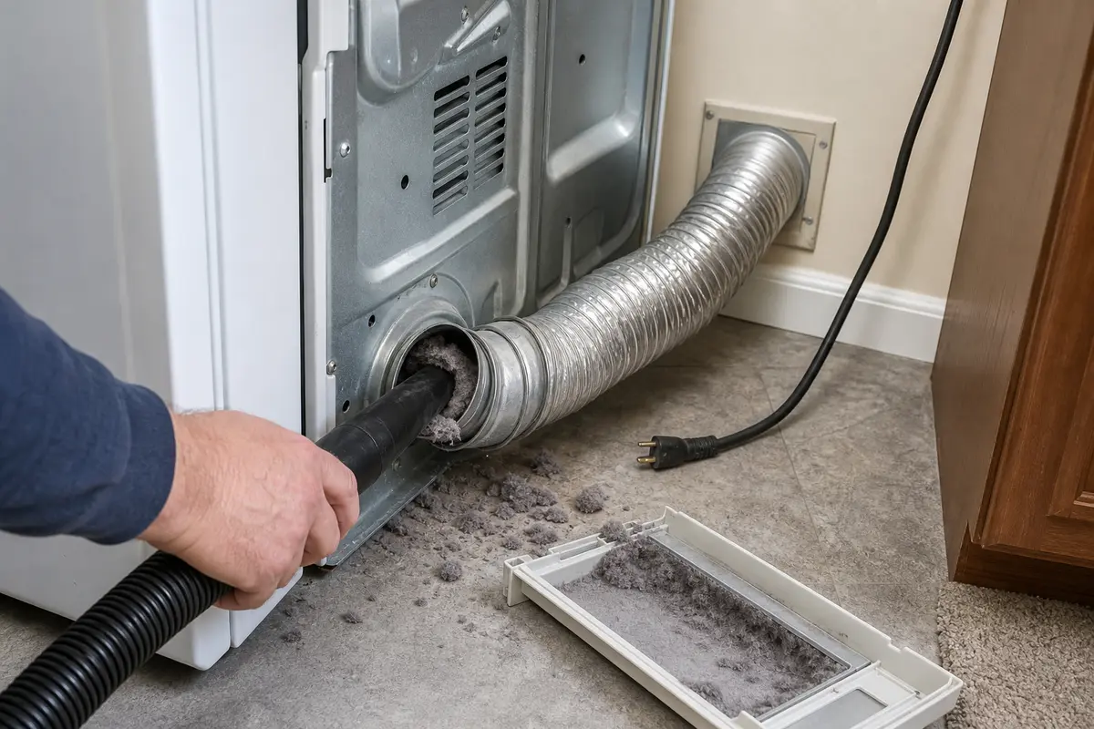 Vacuum hose attachment cleaning loose lint near a slow drying dryer vent connection