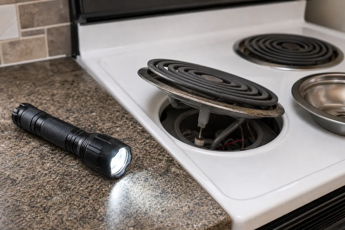 Inspection flashlight for checking an LG electric stove burner stuck on high