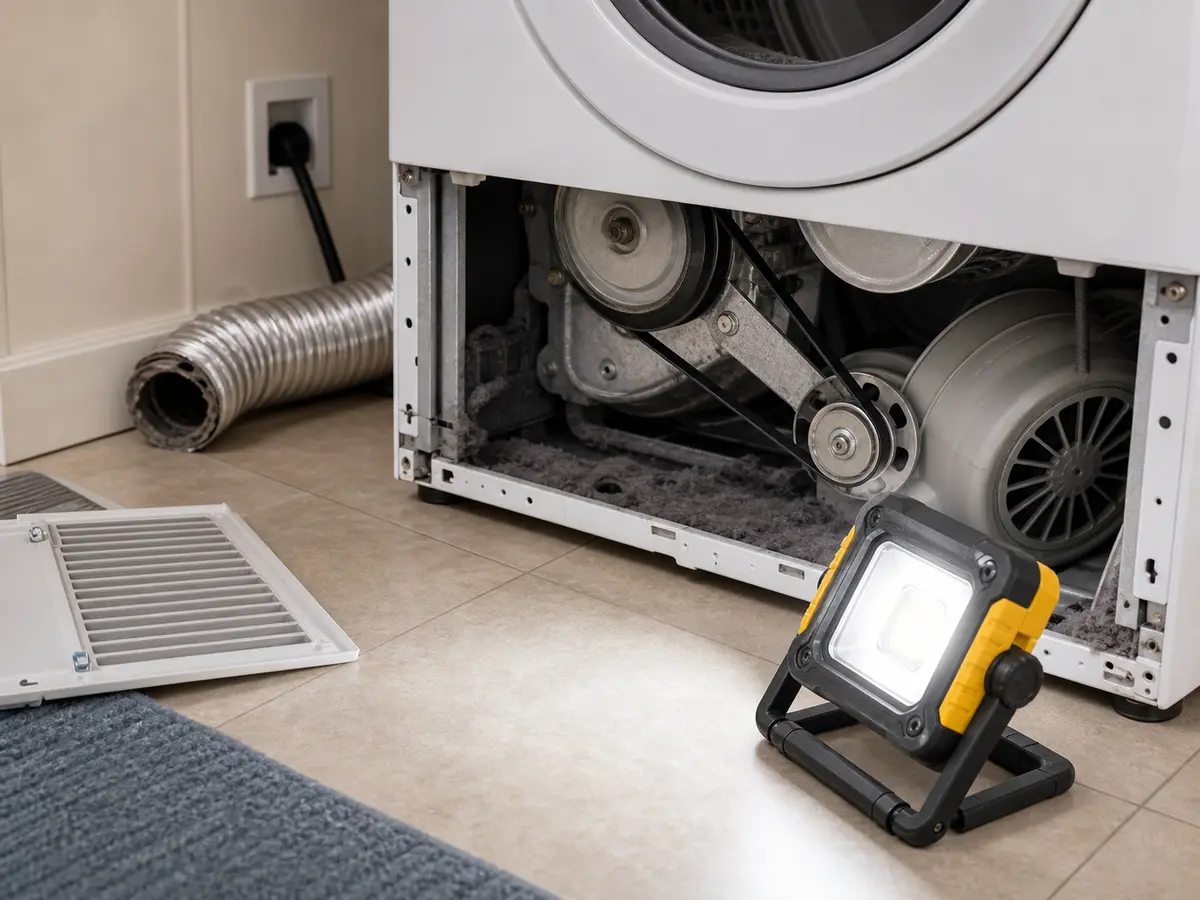 Work light for inspecting an LG front-load gas dryer making noise