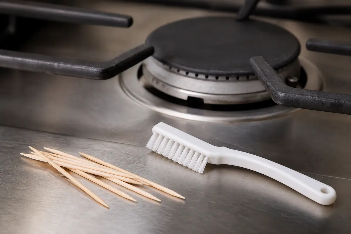 Wooden toothpicks or nylon brush for gas cooktop burner ports