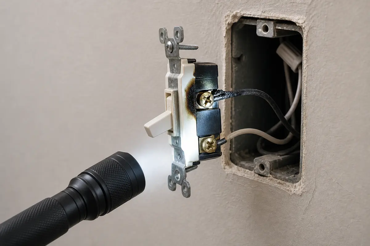 Inspection flashlight shown in the repair area for light switch smells like burning