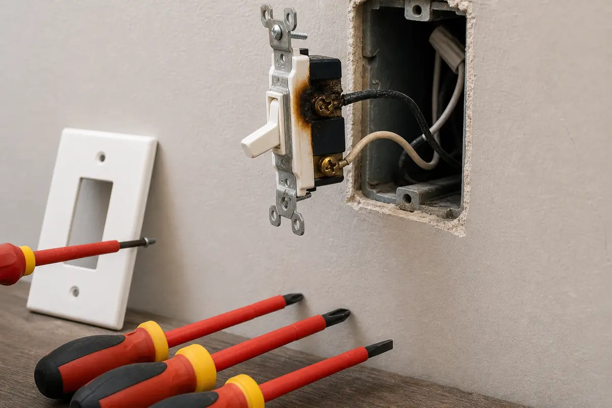 Insulated screwdriver set shown in the repair area for light switch smells like burning