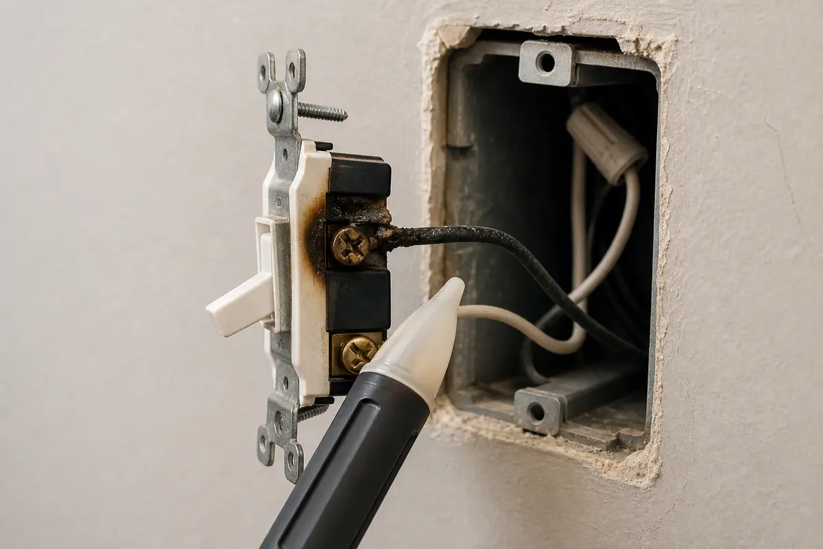 Non-contact voltage tester shown in the repair area for light switch smells like burning