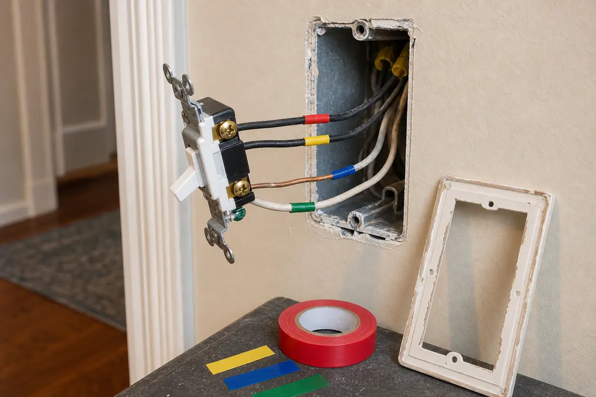 Electrical tape or wire labels shown in the repair area for light switch wont stay in position