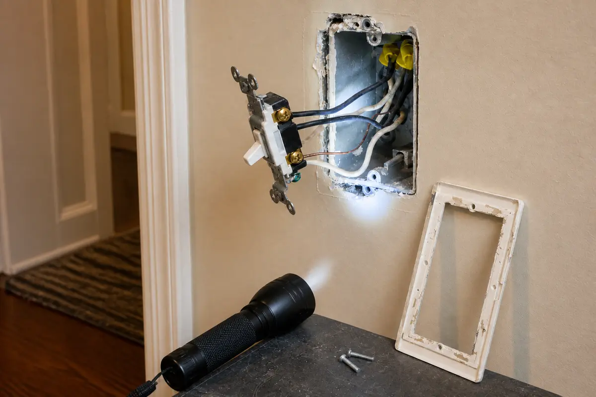 Inspection flashlight shown in the repair area for light switch wont stay in position