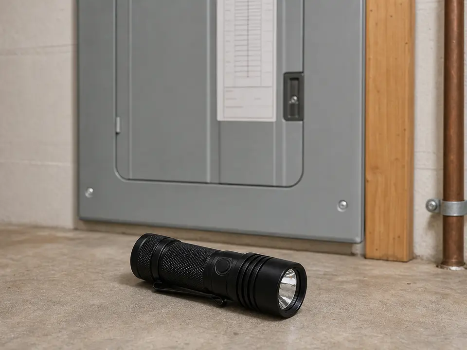Inspection flashlight in front of a closed breaker panel for reading labels safely