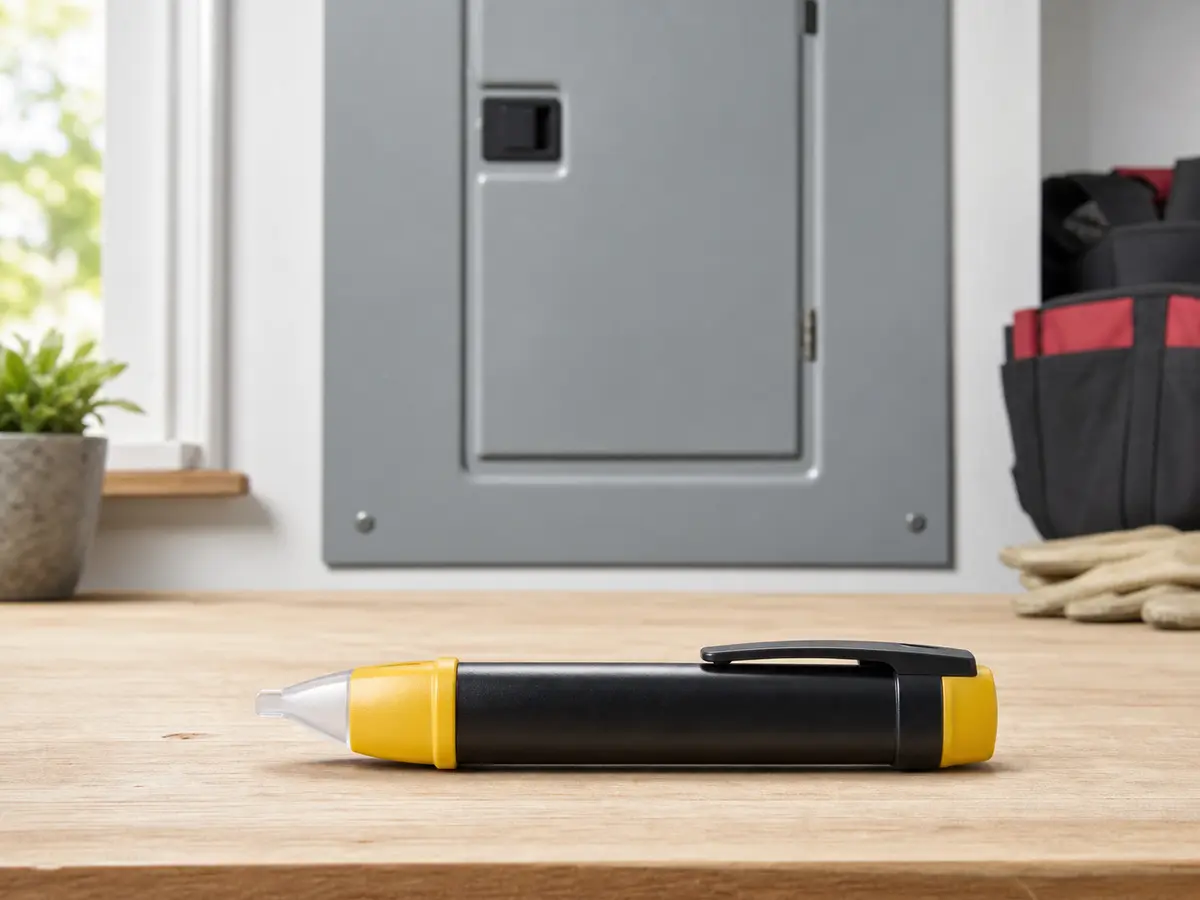 Non-contact voltage tester staged in front of a closed breaker panel for safe outlet checks