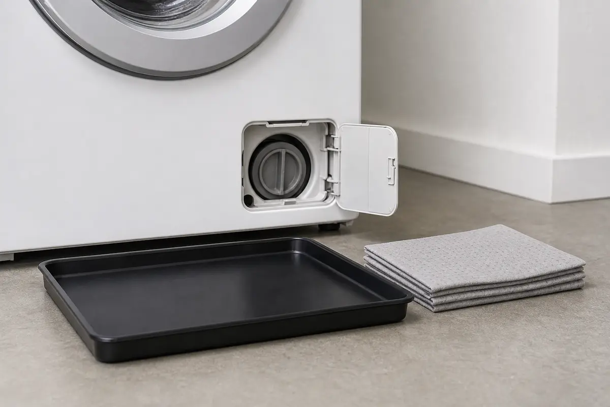 Low-profile catch pan and folded towels beside a washer filter access