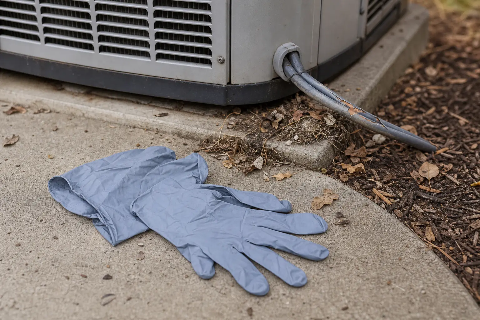 Disposable gloves on a condenser pad near rodent debris and chewed outdoor AC wiring