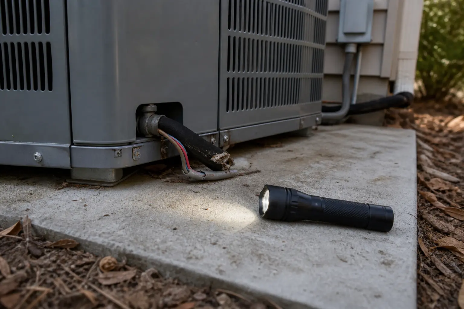 Inspection flashlight beside a powered-down AC condenser with chewed wiring visible