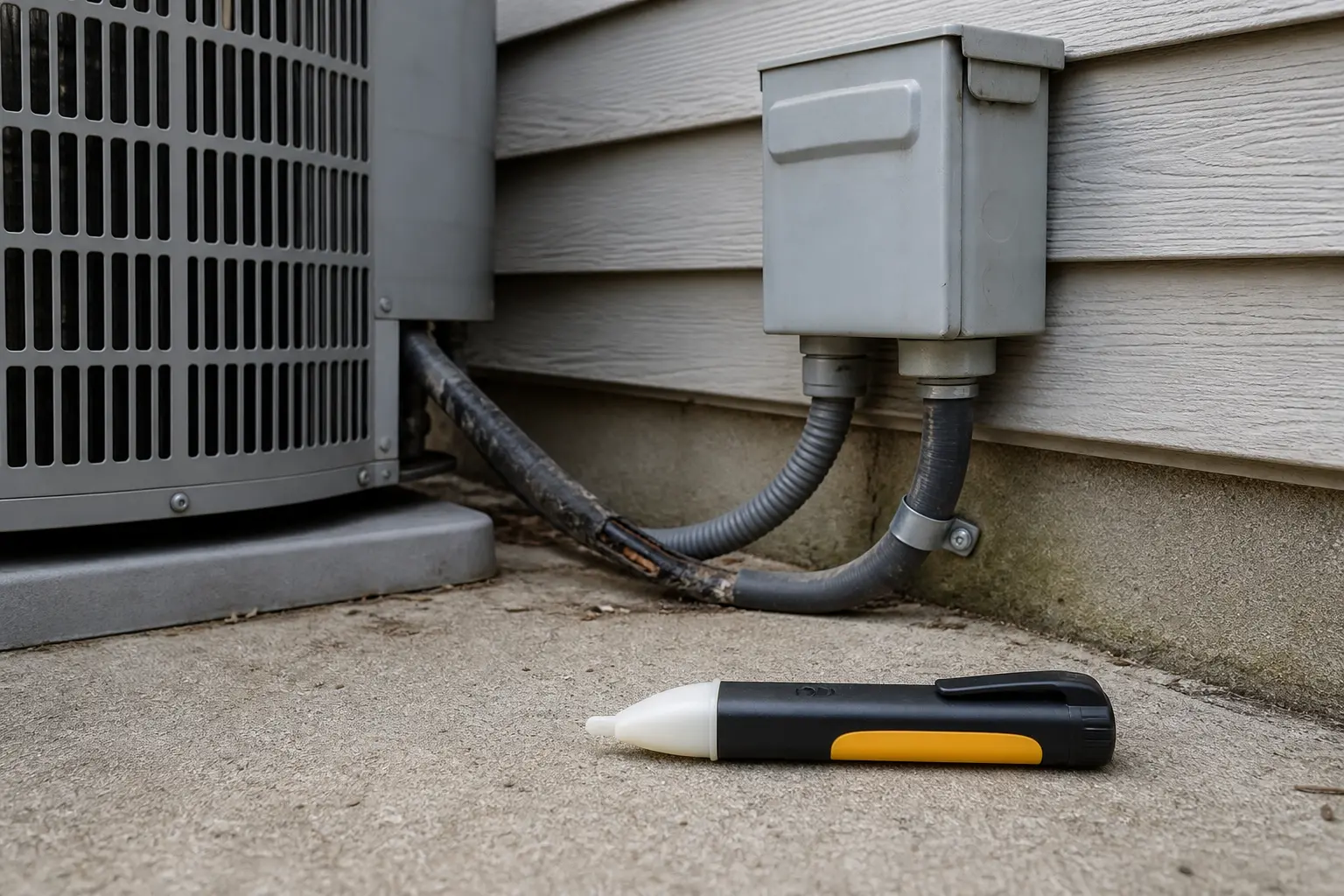 Non-contact voltage tester staged near a closed AC disconnect and damaged outdoor wire path