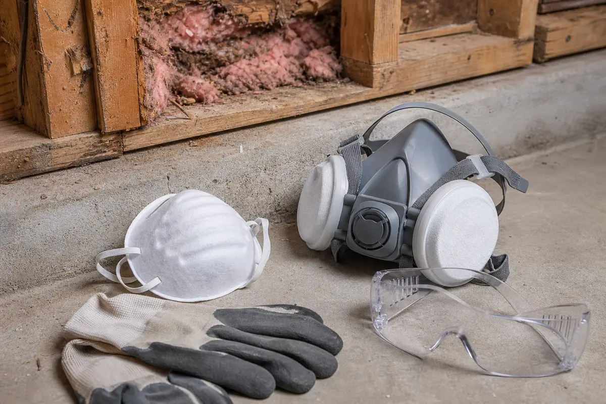 Dust mask and respirator staged near a clean rim joist insulation repair area