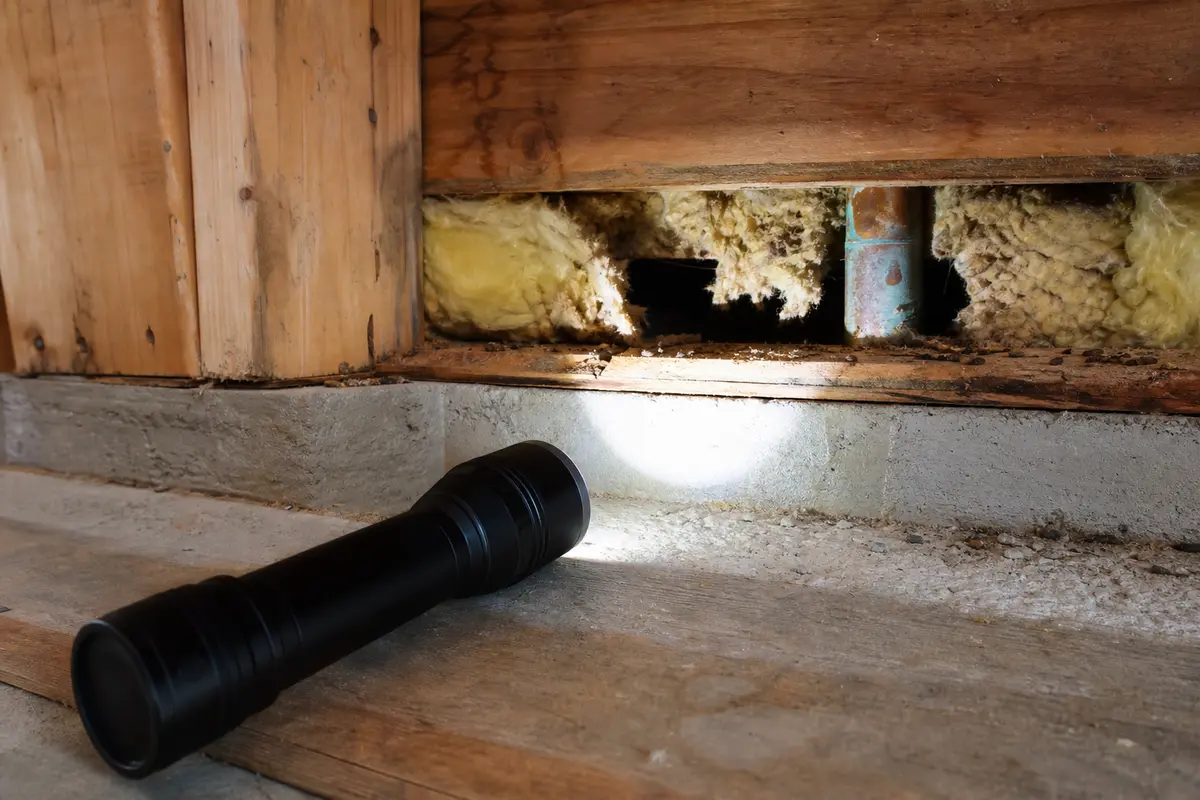 Inspection flashlight shining across a crawlspace rim joist area