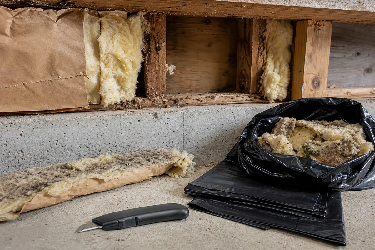 Utility knife and heavy-duty trash bags for removing damaged rim joist insulation
