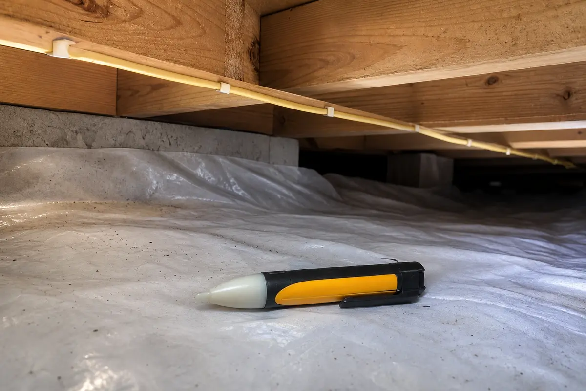 Non-contact voltage tester staged for checking de-energized crawlspace wiring