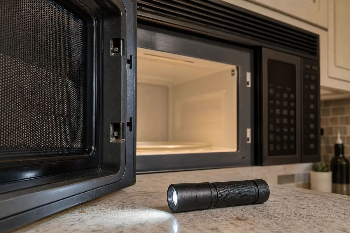 Inspection flashlight beside an open microwave door for outside latch and vent checks