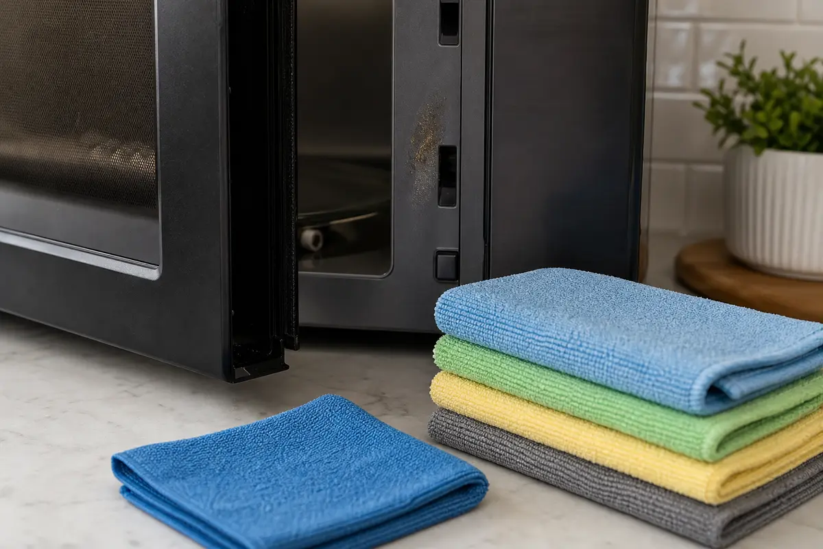Microfiber cloth near a microwave latch area for gentle exterior cleaning