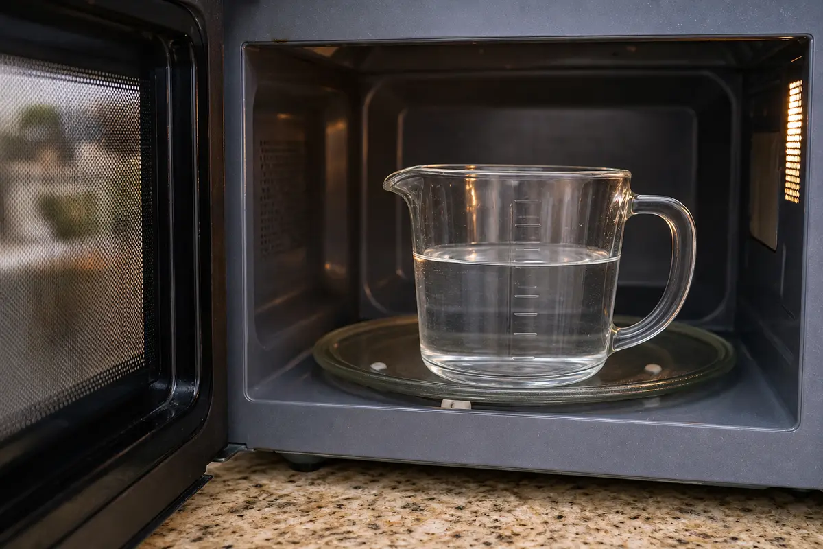 Glass measuring cup with water inside a microwave for a short heating check