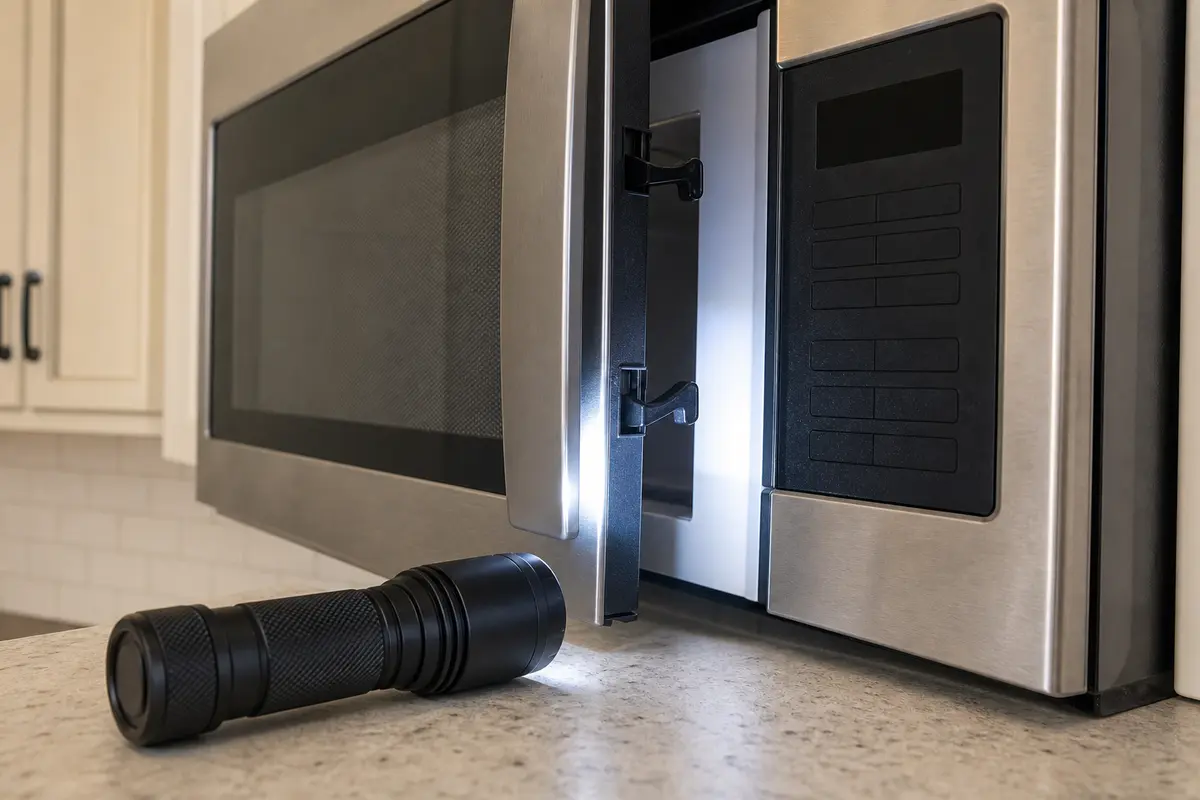 Inspection flashlight for checking microwave keypad seam door latch and model tag