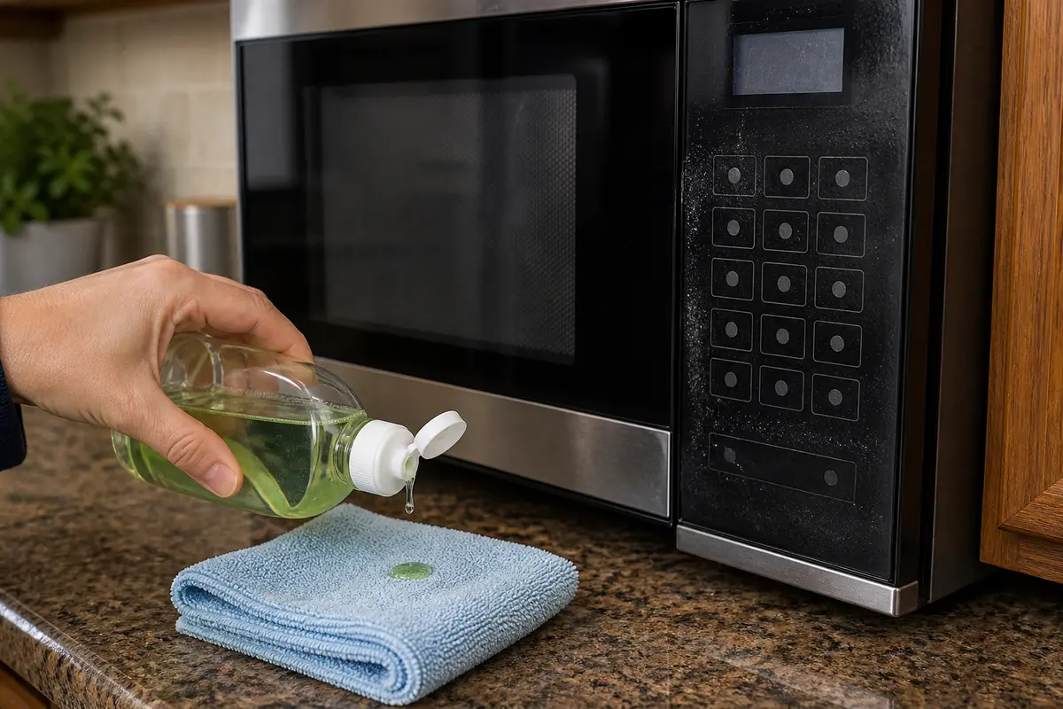 Mild dish soap used sparingly on a cloth for microwave keypad surface cleaning