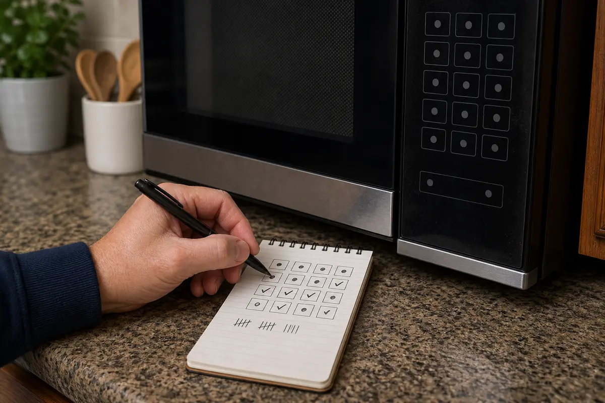 Notepad and pen for recording which microwave keypad buttons fail every time