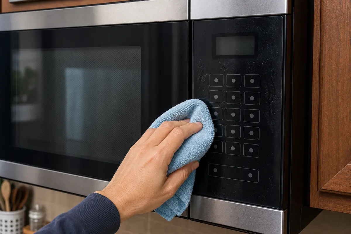 Soft microfiber cloth for wiping a microwave keypad without spraying cleaner into the seam