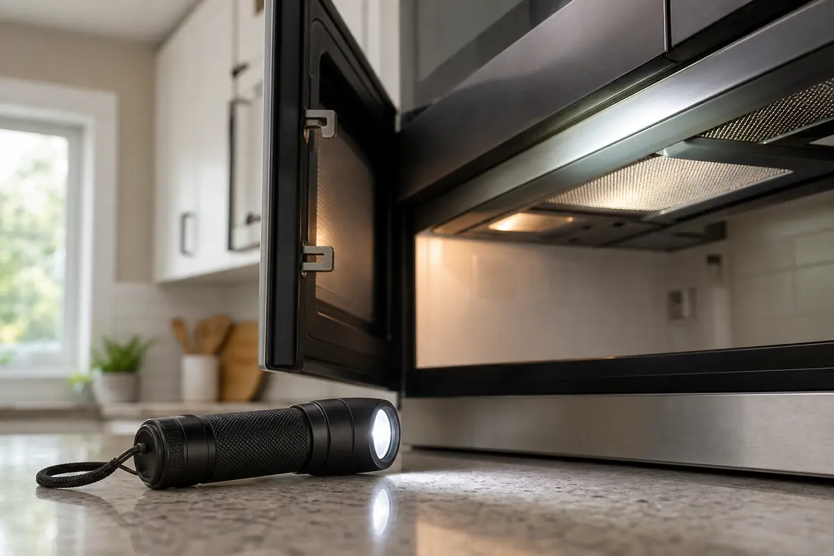 Compact inspection flashlight for checking microwave latch and vent areas